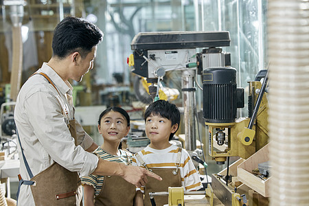 工厂培训素材木工老师和小朋友讲解机器使用注意事项背景