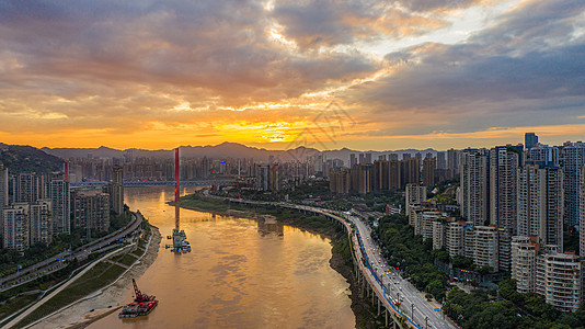 夕阳下的重庆两江交汇两岸高清图片