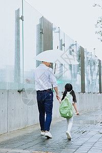 书包背影年轻父亲牵手接女儿放学背景