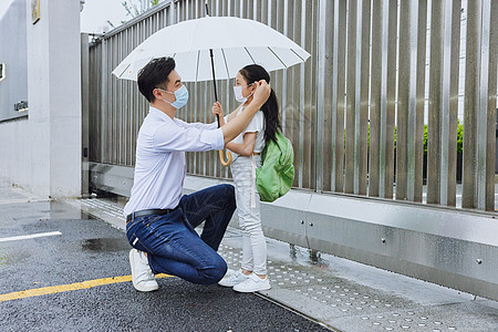 儿童雨伞疫情期间接女儿放学回家背景