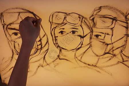 手绘口罩手绘沙画防疫医疗人员背景