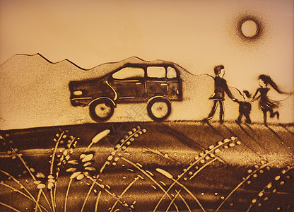 手绘妈妈和孩子手绘沙画一家三口自驾游背景