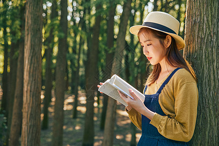 森林读书文艺美女公园里郊游看书阅读背景