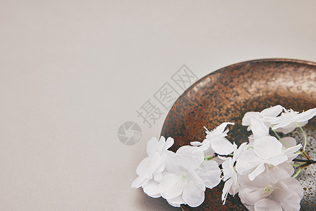 落花和复古陶瓷碗图片