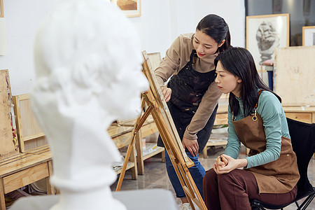 手绘中国女孩画室里老师指导学生画画背景