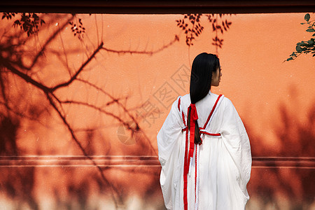 中国扇子红墙树影摇曳前的古风美女背景