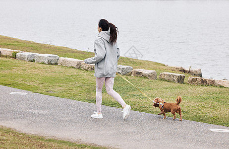 在湖畔牵着狗跑步的美女高清图片