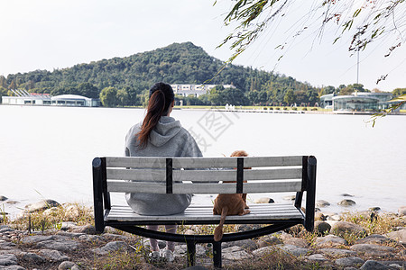 公园锻炼主人和萌宠泰迪坐在湖边的长椅上背景