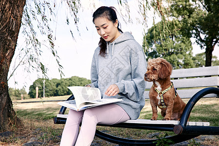 跑步锻炼坐在公园长椅上的阅读少女和萌宠泰迪背景