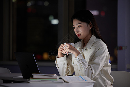 深夜加班女学生深夜学习喝咖啡背景