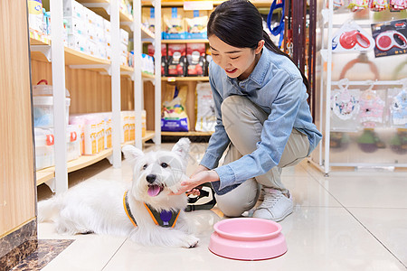 美女主人在宠物店给狗狗选购狗粮碗图片