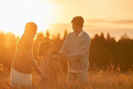 爸爸 女儿夕阳下走在稻田里的一家人背景