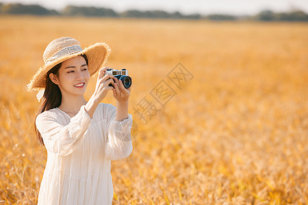 水稻收获拿着照相机站在稻田里的女性背景