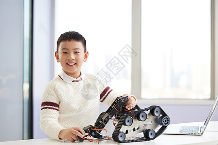 仓储机器人小男孩课外学习少儿编程课形象背景