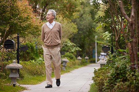 老年人公园散步欣赏花草图片