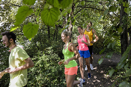 一群人在森林公园里奔跑图片