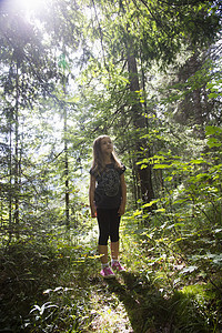 女孩在德国巴伐利亚州奥伯萨尔茨堡贝赫特斯加登阳光森林中站立图片