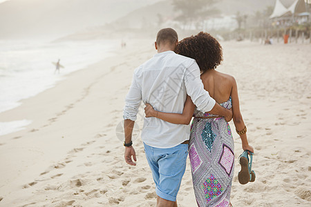 在巴西里约热内卢海滩上漫步的夫妇图片