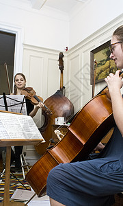 在弦四重奏练习中拉小提琴和大提琴的女人图片