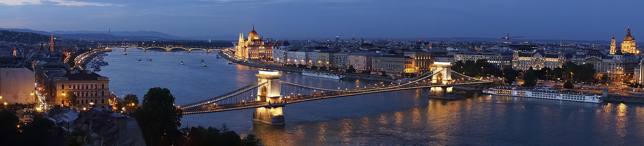 匈牙利布达佩斯议会和连链桥的全景图片