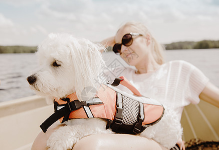 女人带着宠物狗坐船图片