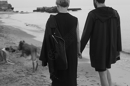 一对年轻夫妇手牵着手沿着海滩散步两只狗在前面跑后视图图片