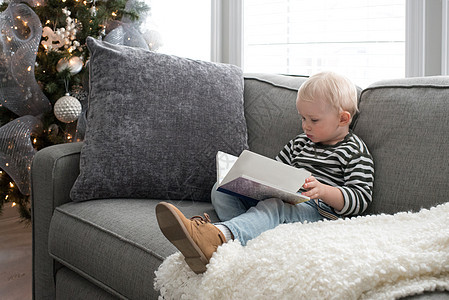 坐在沙发上看书的小男孩图片