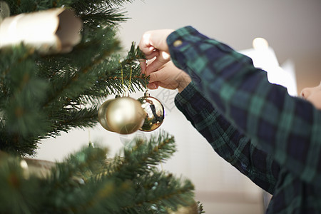 男孩的手放在圣诞树上图片