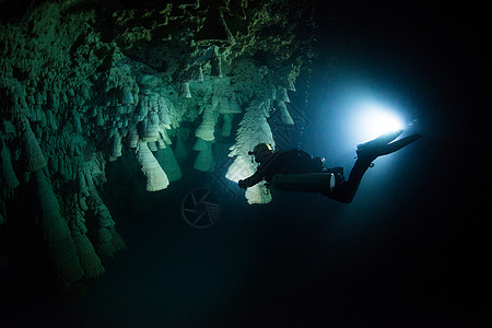 Scuba潜水员探索丛林下沉洞穴中被称为铃声的独特自然构造图片