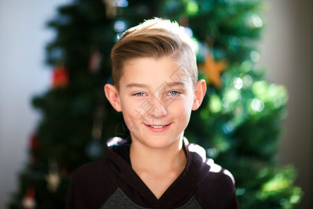 男孩的肖像背景圣诞树图片