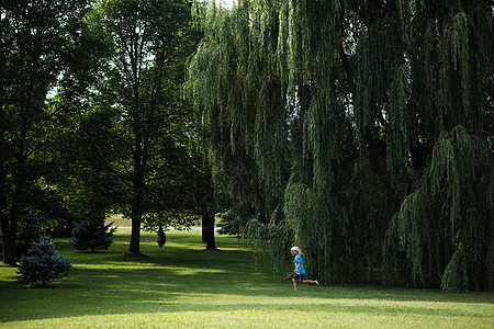 男孩在柳树下玩耍图片