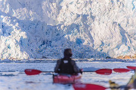 格陵兰维斯格罗兰纳尔萨克冰川附近的男子划皮划艇的背影图片