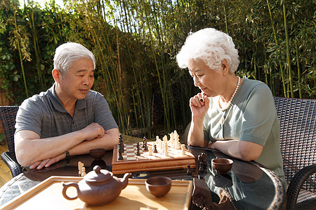 无忧无虑棋盘游戏华贵老年夫妇在院子里下棋高清图片