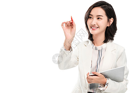 触摸笔使用平板电脑的年轻女白领背景