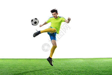 运动服一名男足球运动员踢球背景