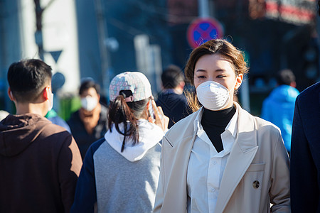 办公室人群青年女人戴口罩在户外行走背景