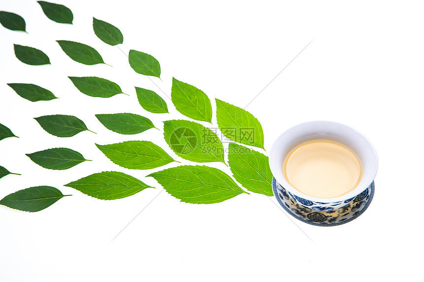 叶脉纹理绿色的茶叶和茶杯图片