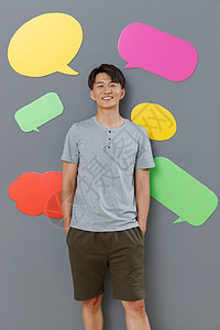 思想气泡框对话气泡框大半身站在对话框前面的青年男士图片