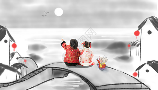 小孩背影传统庆典传统文化创造兄妹两人坐在地上的背影背景