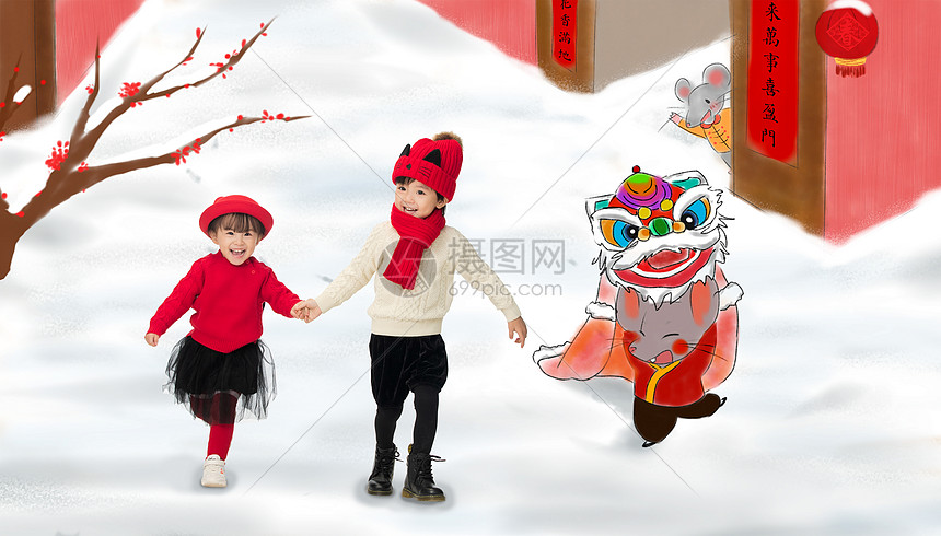 东方人春节两个人兄妹两人穿新衣服庆祝新年图片
