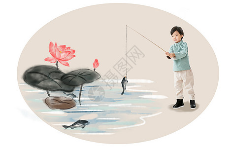 可爱儿童插画古装小男孩户外钓鱼背景
