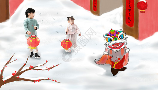 鼠年舞狮绘画作品玩耍兄妹两人拿着红灯笼庆祝新年背景