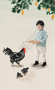 美术工艺谷类垂直构图小男孩拿着簸箕撒谷物喂鸡图片