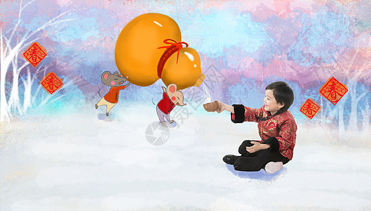 秋日气球女孩创意摄影插画数码合成唐装新年前夕小男孩过年坐在地上喝酒背景
