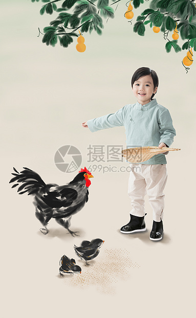 谷类合成图像摄影小男孩拿着簸箕撒谷物喂鸡图片