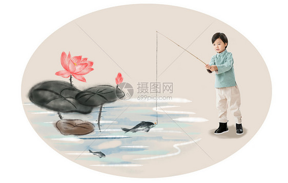 中式小男孩在河边钓鱼图片