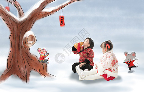 朋友插画两个小朋友坐在树下玩耍背景