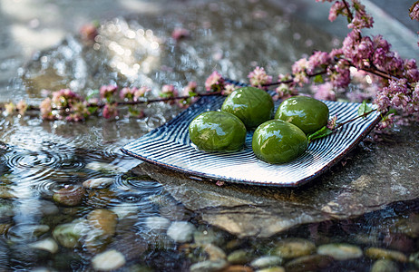 水面石板上的青团和桃花枝背景