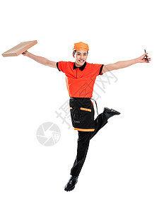 自信的年轻披萨店服务员图片