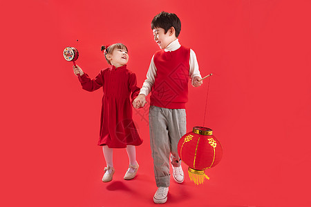 庆祝文化两个小朋友拿着红灯笼高清图片